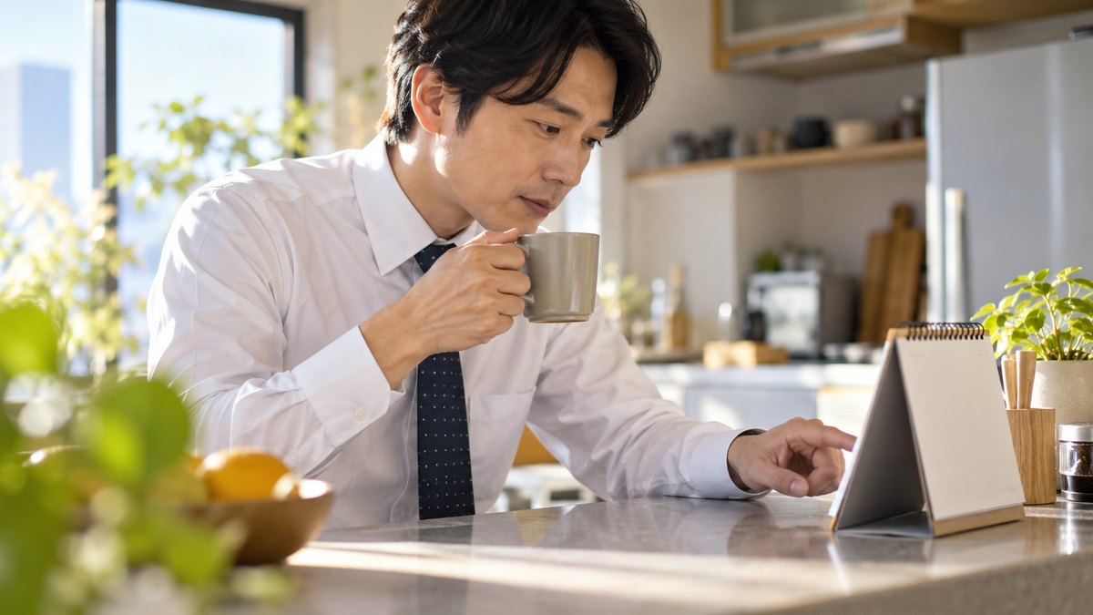 平日の朝、自宅のキッチンカウンターで、30代の男性会社員がワイシャツ姿でコーヒーを片手に、もう片方の手で卓上の紙のカレンダーを指でたどっている近景。カレンダーの文字や数字は見えない