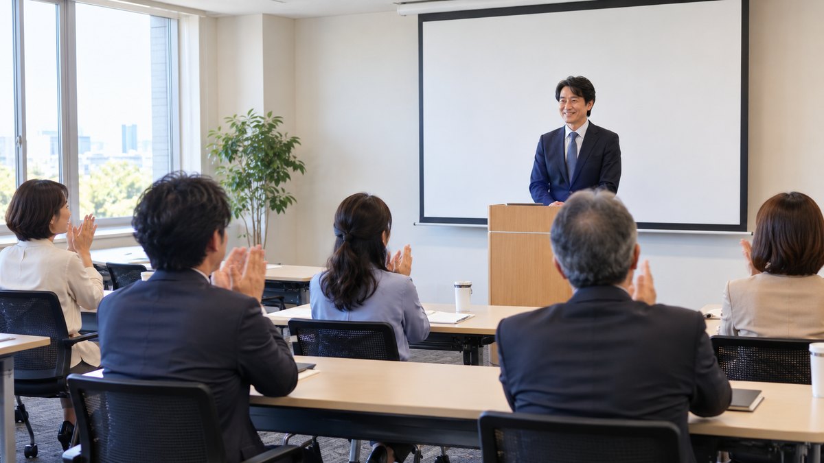土曜の午後、小さな会議室の演台の前で、40代の男性が少し緊張しながらも笑顔で話し終え、座っている30代から60代の受講生5人が拍手している遠景。壁やスライドに文字は無い
