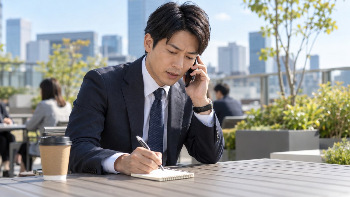 平日の昼休み、会社のビルの屋上テラスで、30代の男性会社員がスマホを耳に当てて問い合わせの電話をしながら、手元の小さなメモ帳にペンで書き込んでいる近景。メモの文字は見えない