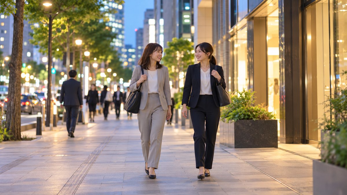 平日の夜、オフィス街の明るい歩道を、30代の女性会社員2人が仕事帰りのバッグを肩にかけて、笑顔で話しながら並んで歩いている遠景。看板や建物の文字は見えない