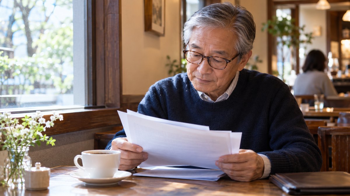 休日の午後、落ち着いた喫茶店の窓ぎわの席で、60代の男性が老眼鏡をかけ、コーヒーを横に置いて数枚の印刷した資料を静かに読んでいる近景。資料の文字は見えない