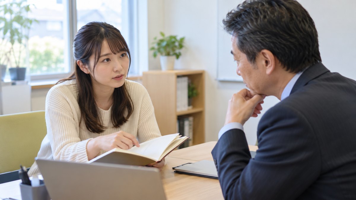 平日の夕方、大学のキャリア相談室の明るい個室で、20代前半の女子大学生が机をはさんで50代の男性の相談員と向かい合い、手元のノートを見せながら真剣に相談している近景。ノートや壁に文字は見えない