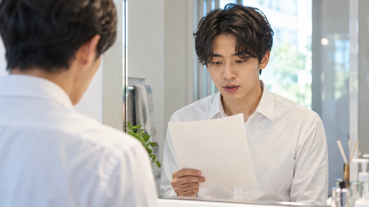 平日の朝、通勤前の明るい洗面所の鏡の前で、20代後半の男性がシャツ姿で立ち、手に持った1枚の原稿を見ながら小さな声で読み上げている近景。原稿の文字は見えない。人物は1人だけ