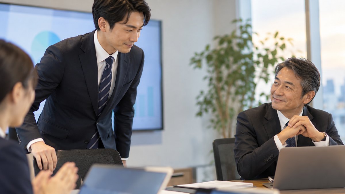 平日の夕方、明るい会議室で、30代の男性会社員が発表を終えて席に戻り、向かいに座る50代の男性上司が穏やかにうなずいている近景。資料やモニターに文字は見えない