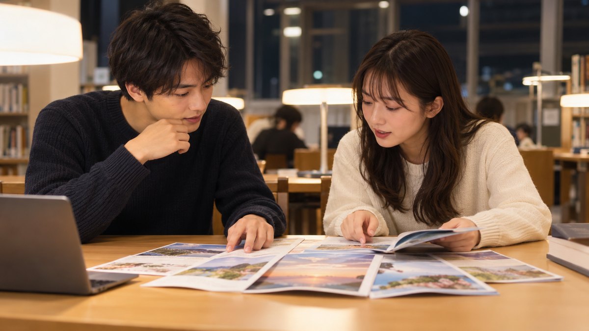夜、大学の図書館の明るいグループ学習席で、20代前半の男女の大学生2人が並んで座り、机に広げた数枚の案内のパンフレットを見比べながら小声で話している近景。パンフレットの文字は読めない