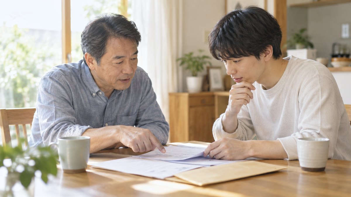 休日の昼、実家の明るいダイニングテーブルで、50代の父親と20代前半の息子が向かい合って座り、テーブルの上の封筒と数枚の書類を一緒にのぞき込んで話している近景。書類の文字は読めない