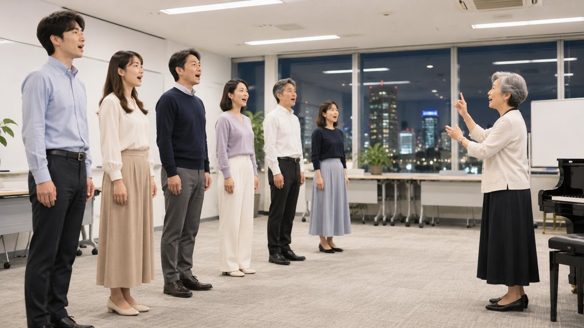 平日の夜、ビルの中の明るい教室で、20代から50代の大人6人が横一列に立って背筋を伸ばし、前に立つ60代の女性講師の手の合図に合わせて声を出している遠景。壁やテキストに文字は見えない