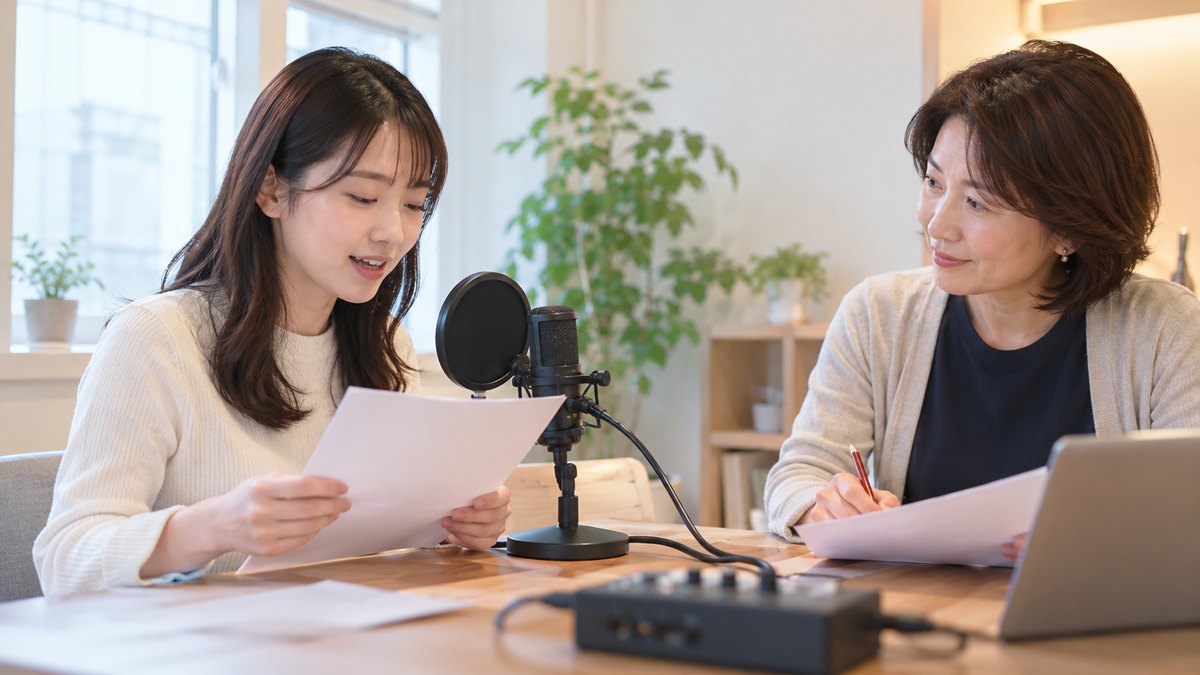平日の午後、明るい小さなレッスンスタジオで、20代の女性が卓上マイクの前に座って原稿を読み、向かいの50代の女性講師が原稿の写しに鉛筆で印をつけながら聞いている近景。原稿や機材に文字は見えない
