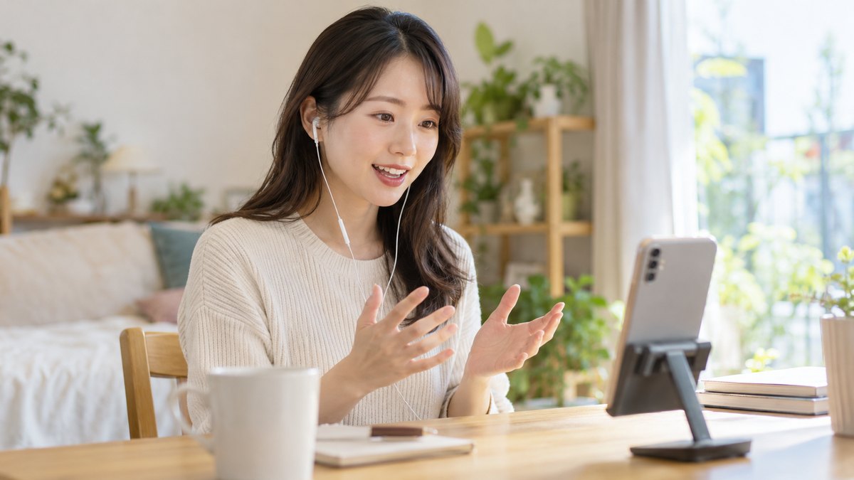 休日の午後、自宅の机の前で、20代の女性がスマホを小さなスタンドに立ててイヤホンをつけ、背筋を伸ばして画面に向かって話している近景。スマホの画面は見えない角度
