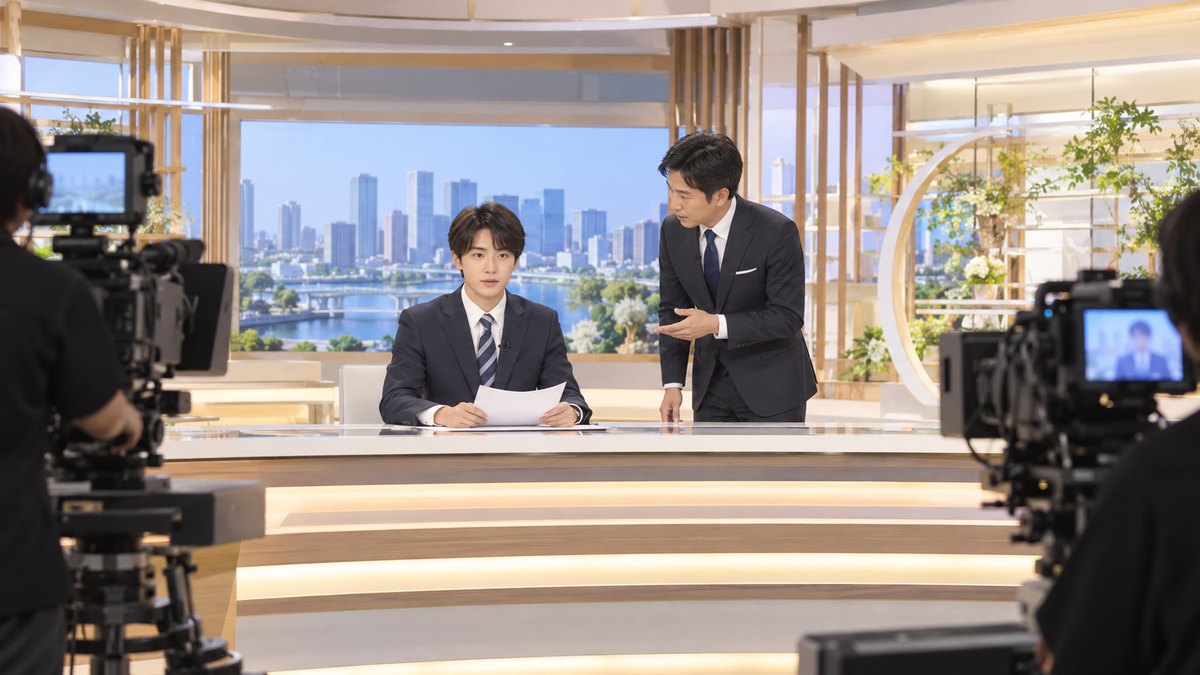 平日の昼、テレビ局のニュースのセットで、20代前半の男子大学生がスーツ姿でキャスター席に座り、手元の原稿を読みながらカメラを見ていて、横で30代の男性アナウンサーが助言している遠景。セットやモニターに文字やロゴは無い