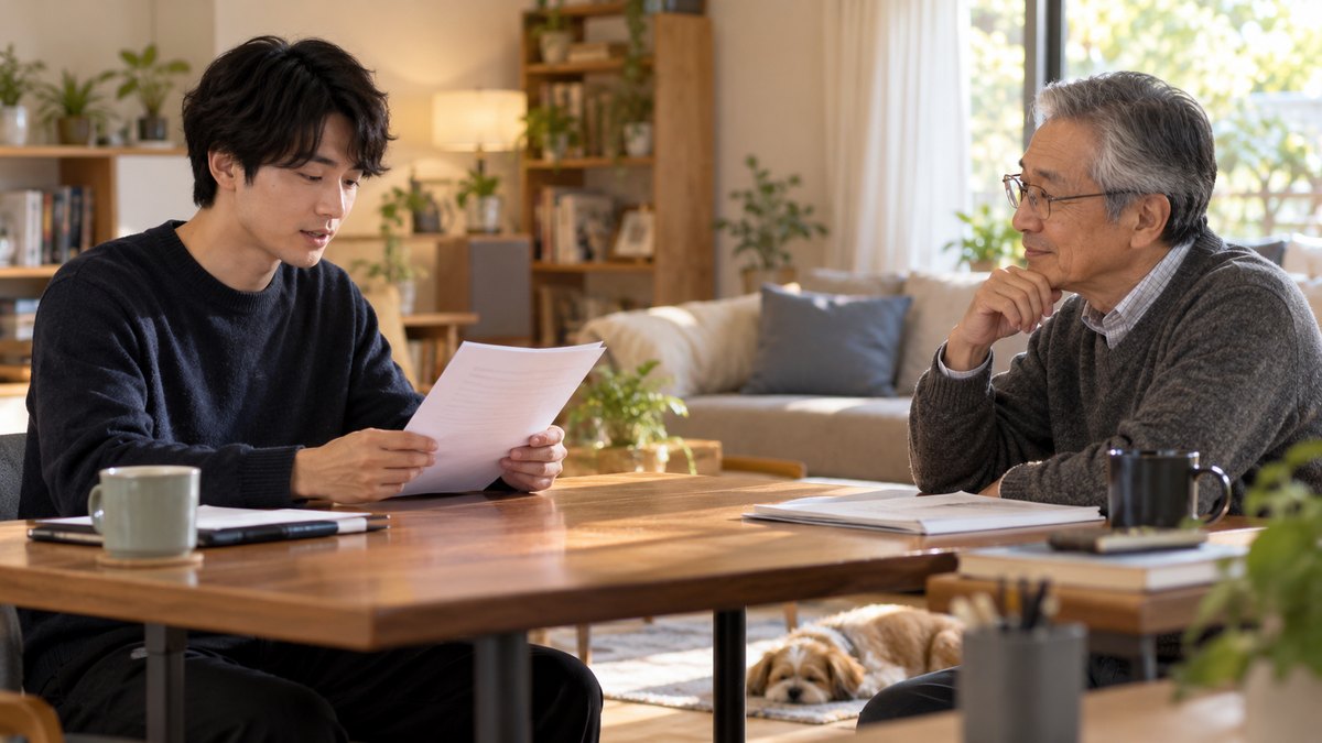 平日の夕方、住宅の明るいリビングの一角を使った教室で、60代の男性講師と20代の男子大学生がテーブルをはさんで向かい合い、学生が原稿を読み講師が聞いている近景。足元に小型犬が1匹寝ている。原稿の文字は読めない