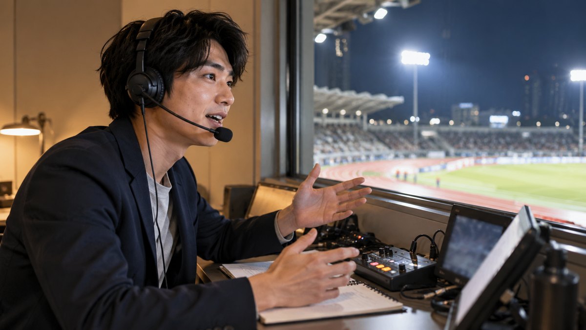 平日の夜、小さな実況ブースで、20代の男性がヘッドセットをつけ、窓の外の照明のついた競技場を見ながら身ぶりをまじえて実況の練習をしている近景。機材や窓に文字は無い