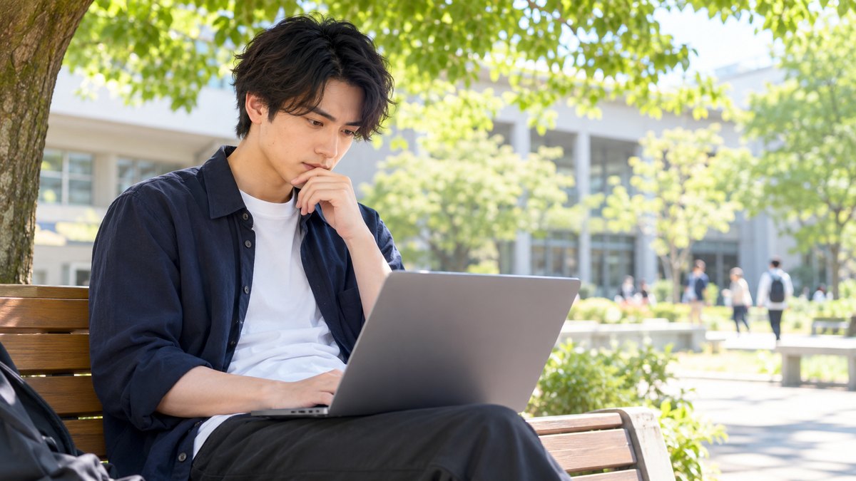 平日の昼、大学の中庭の木陰のベンチで、20代前半の男子大学生がノートパソコンを膝に置き、申し込みの画面を見ながら考えている近景。パソコンの画面の文字は見えない