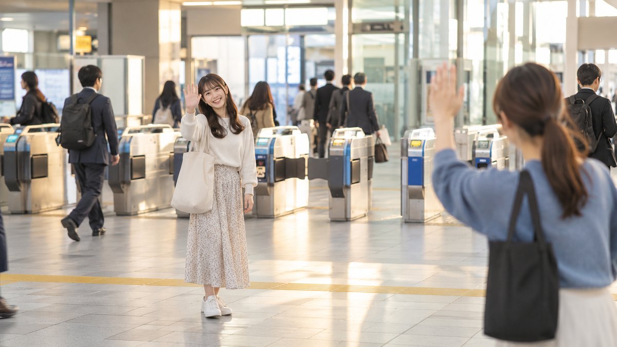 平日の夕方、地下鉄の駅の明るい改札の前で、20代前半の女子大学生がトートバッグを肩にかけ、友人に手を振って待ち合わせている遠景。駅の案内や看板の文字は見えない