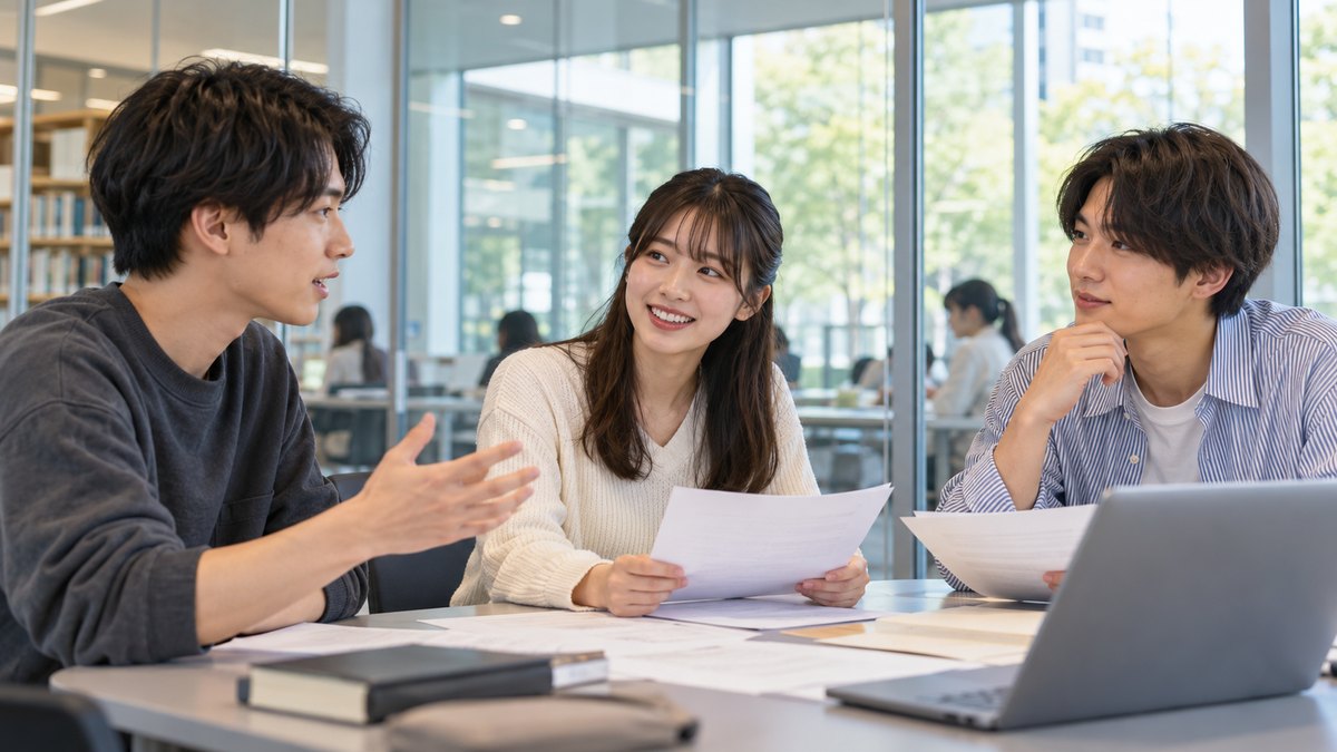 平日の昼、大学の図書館のガラス張りのグループ学習室で、男女3人の大学生がテーブルを囲み、印刷した紙を読み合いながら意見を伝え合っている近景。紙や壁の文字は見えない