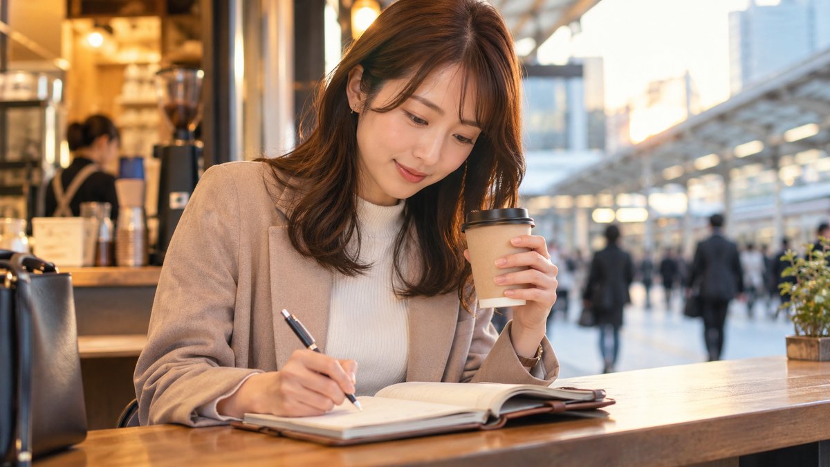 平日の夕方、駅前のコーヒースタンドのカウンターで、20代後半の女性が紙コップを片手に持ち、手帳を開いて予定を書き込んでいる近景。手帳やカップの文字は見えない