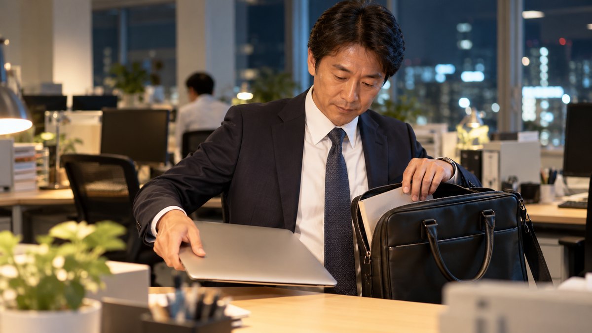 平日の夜、オフィスの自分の席で、40代の男性会社員がノートパソコンを閉じ、ビジネスバッグに資料をしまって帰り支度をしている近景。パソコンや資料の文字は見えない