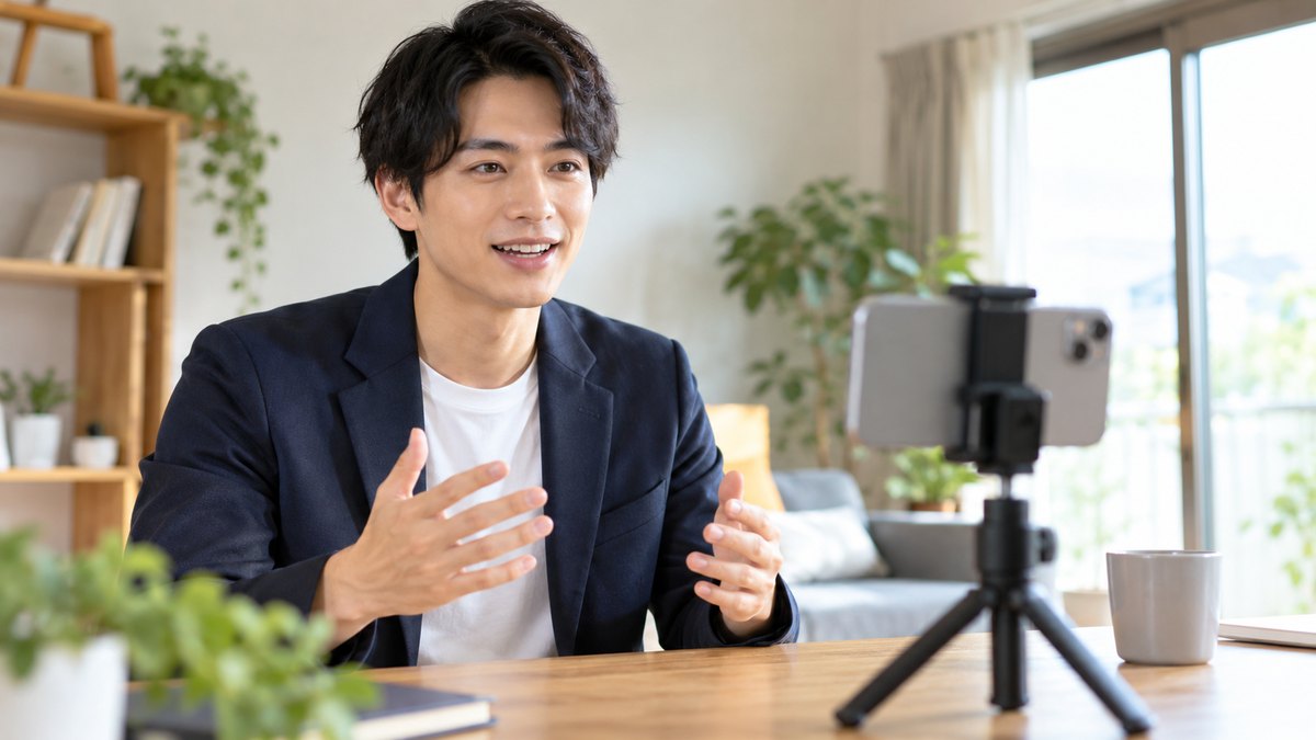 休日の午後、自宅の明るい部屋の机で、20代の男性がスマホを小さな三脚に立て、ジャケット姿で自分の自己紹介を録画している近景。スマホの画面の文字は見えない
