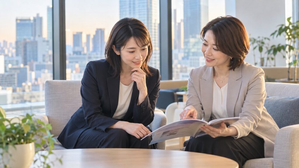 東京の高層ビルの相談スペースで、女性講師とアナウンススクールの案内の冊子を見ながら相談する女性会社員