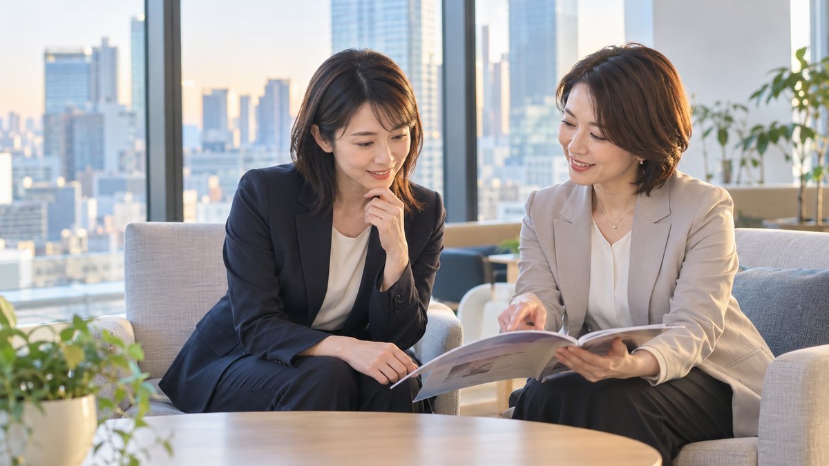 東京の高層ビルの相談スペースで、女性講師とアナウンススクールの案内の冊子を見ながら相談する女性会社員