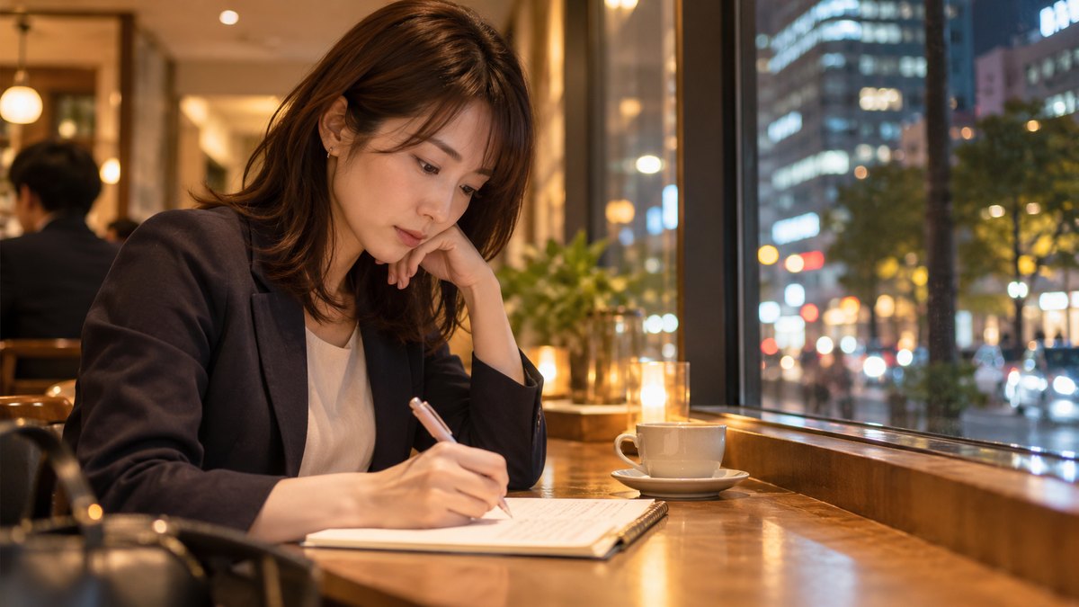 平日の夜、東京の駅に近い落ち着いたカフェの窓ぎわのカウンター席で、30代の女性会社員がノートを開き、ペンで3つの項目を書き出しながら静かに考えている近景。ノートの文字は読めない