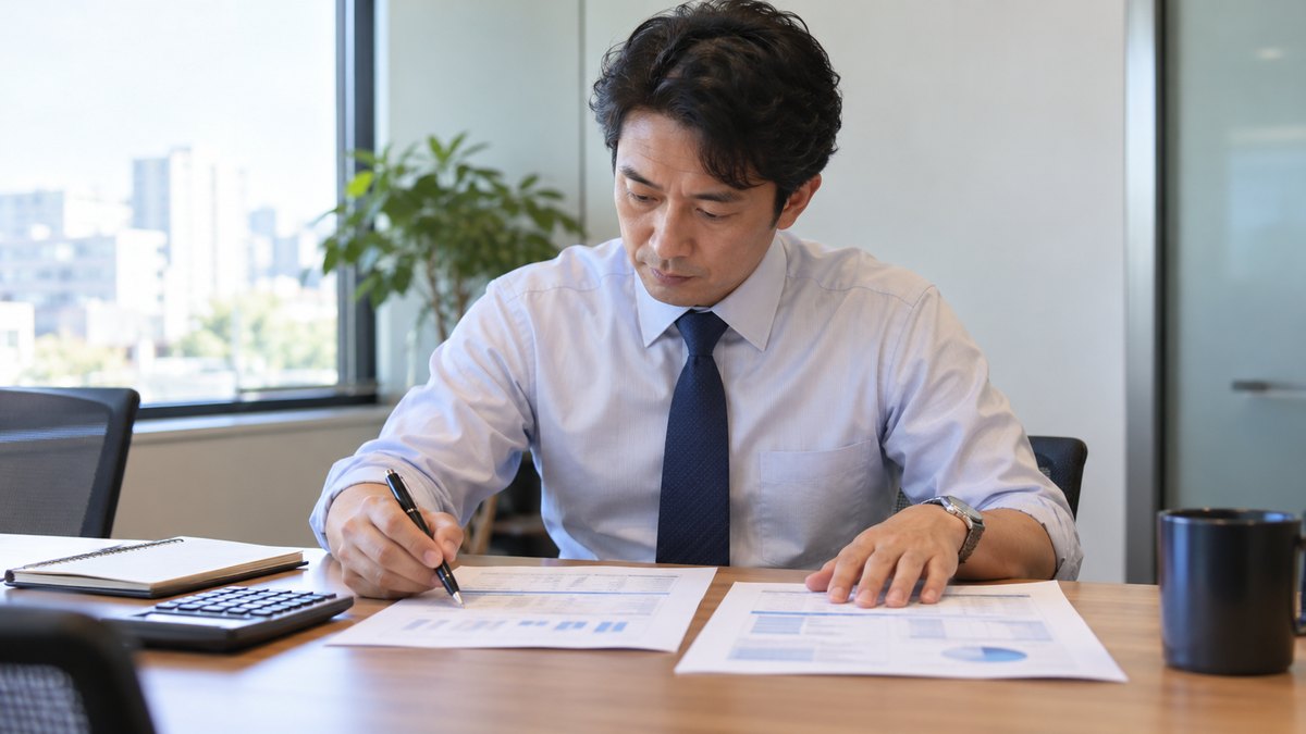 平日の昼休み、オフィスの小さな会議室で、40代の男性会社員がノートと電卓を前に座り、印刷した2枚の資料を並べてボールペンで印をつけながら見比べている近景。資料と電卓の文字や数字は読めない
