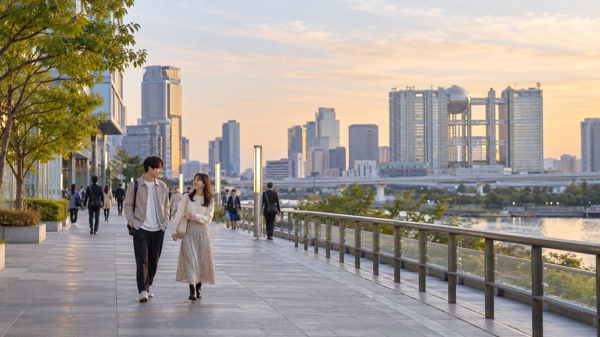 平日の夕方、東京の大きなテレビ局のビルが遠くに見える広い歩道を、20代の男子大学生と女子大学生が並んで歩きながら話している遠景。建物や看板に文字やロゴは見えない
