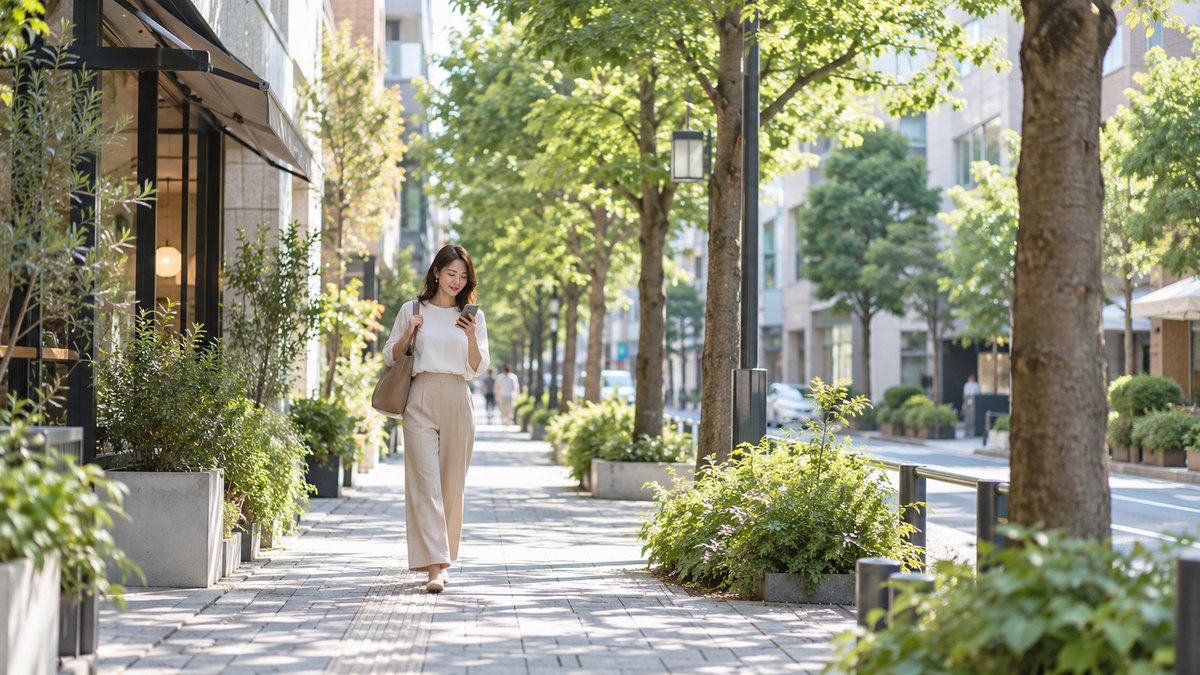 休日の午前、東京の恵比寿のような落ち着いた街の並木道を、30代の女性がトートバッグを肩にかけ、スマホの地図を見ながらゆっくり歩いている遠景。看板や標識の文字は見えない