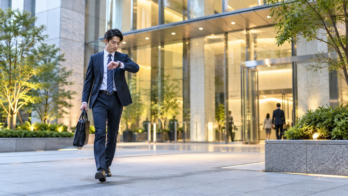 平日の夕方、東京のオフィスビルの明るいエントランスの前で、30代の男性会社員がビジネスバッグを持ち、腕時計を見て時間を確かめている遠景。建物や看板の文字は見えない