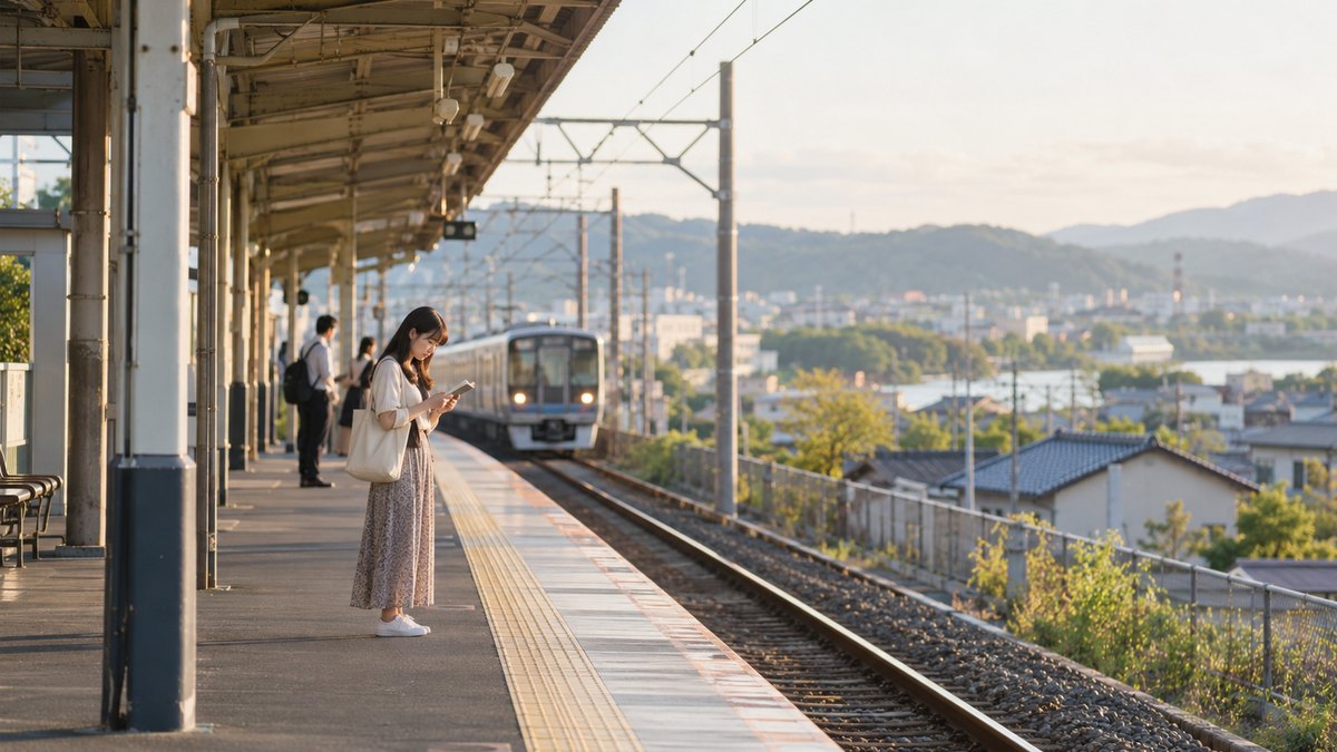 平日の夕方、明るい郊外の駅のホームで、20代前半の女子大学生がトートバッグを肩にかけて電車を待ちながら、手に持った小さなノートを読み返している遠景。駅名や案内の文字は見えない