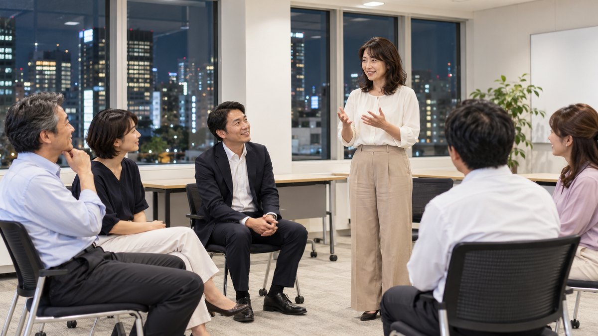 平日の夜、東京のビルの中の明るい教室で、仕事帰りの30〜50代の社会人6人が半円に座り、1人の40代女性が立って短く話し、ほかの人たちが穏やかにうなずいている遠景。壁や机に文字は見えない