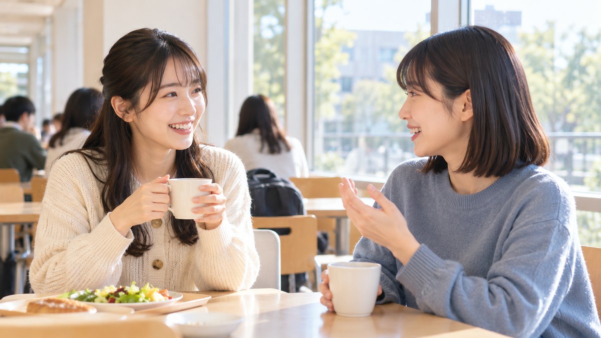 平日の昼、大学の明るい学生食堂の窓ぎわのテーブルで、20代前半の女子大学生2人がお茶を手に、向かい合って穏やかに話している近景。文字は無い