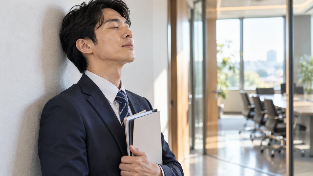 朝、会社の会議室の前の静かな廊下で、30代の男性会社員が壁ぎわに立ち、資料を胸に抱えて目を閉じ、ゆっくり息を吐いている近景。資料の文字は見えない