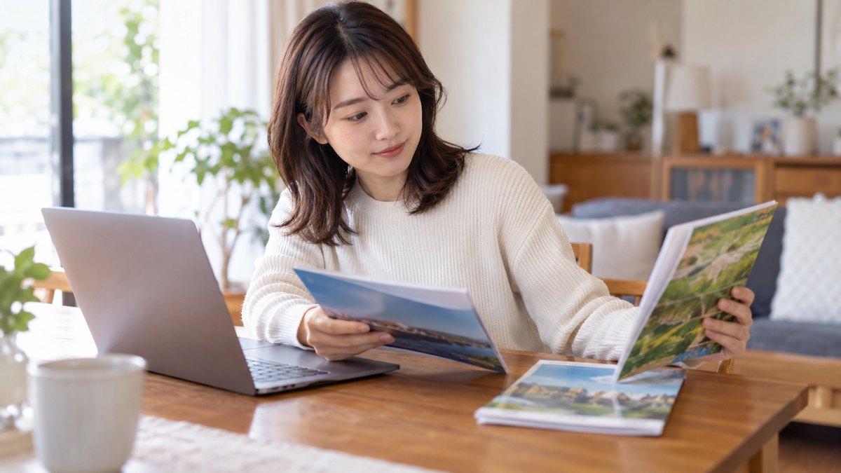 休日の午後、自宅のダイニングテーブルで、20代後半の女性がノートパソコンを開き、隣に置いた3冊の案内の冊子を手に取って見比べている近景。画面と冊子の文字は見えない