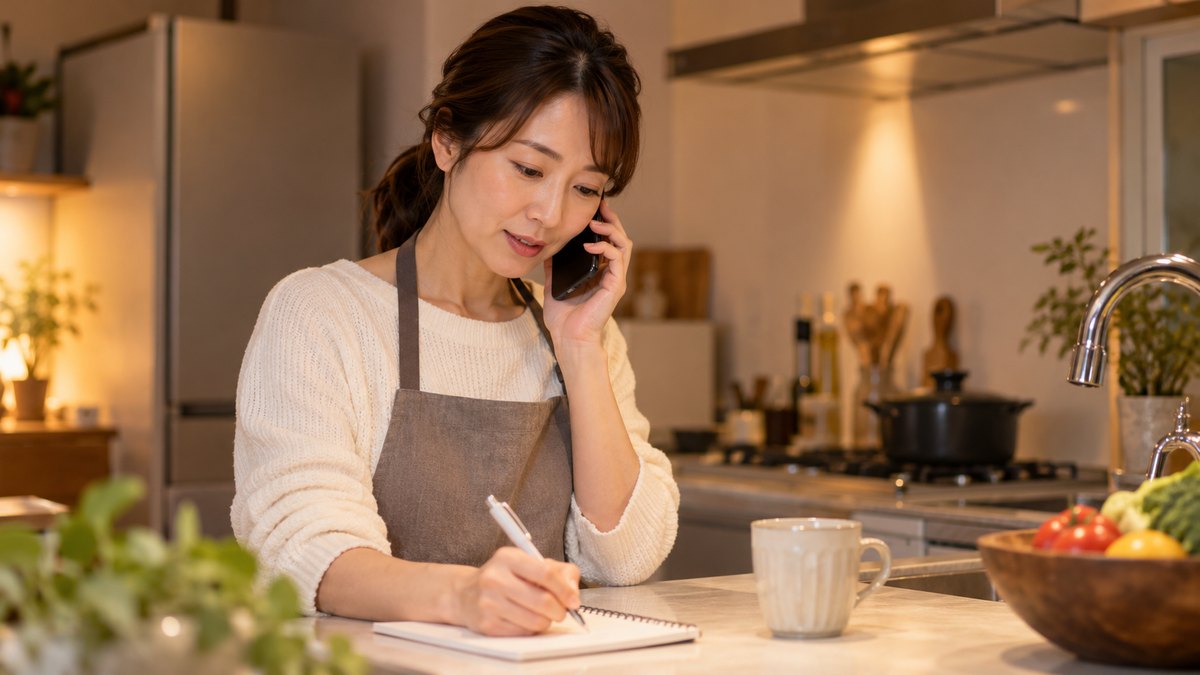 平日の夜、自宅のキッチンカウンターで、30代の女性がスマホを耳に当てて電話で問い合わせをしながら、カウンターの上のメモ帳にペンで書き込んでいる近景。メモやスマホの文字は見えない