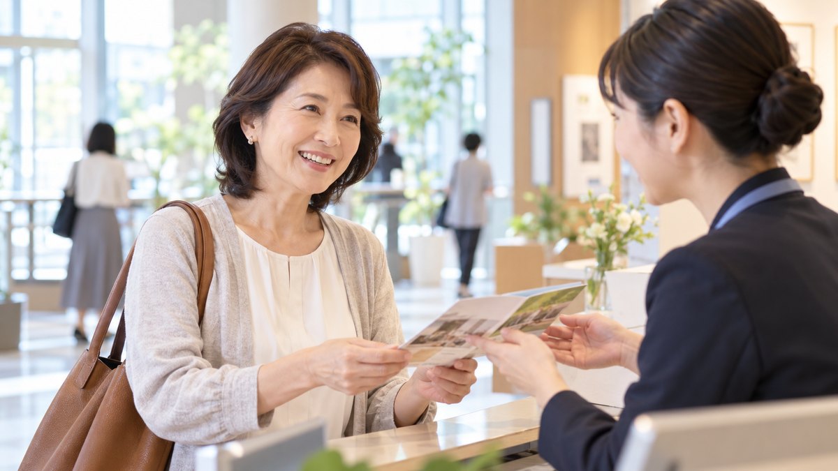 休日の午前、駅に直結したビルのカルチャー教室の明るいロビーで、50代の女性が受付のスタッフから講座の案内を受け取り、笑顔で話している近景。案内や壁の文字は見えない