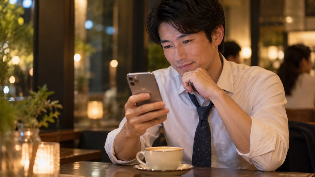平日の夜、仕事帰りのカフェの奥の席で、30代の男性会社員がネクタイをゆるめてコーヒーを前に座り、手に持ったスマホで講座の案内を読んでいる近景。スマホの画面の文字は見えない