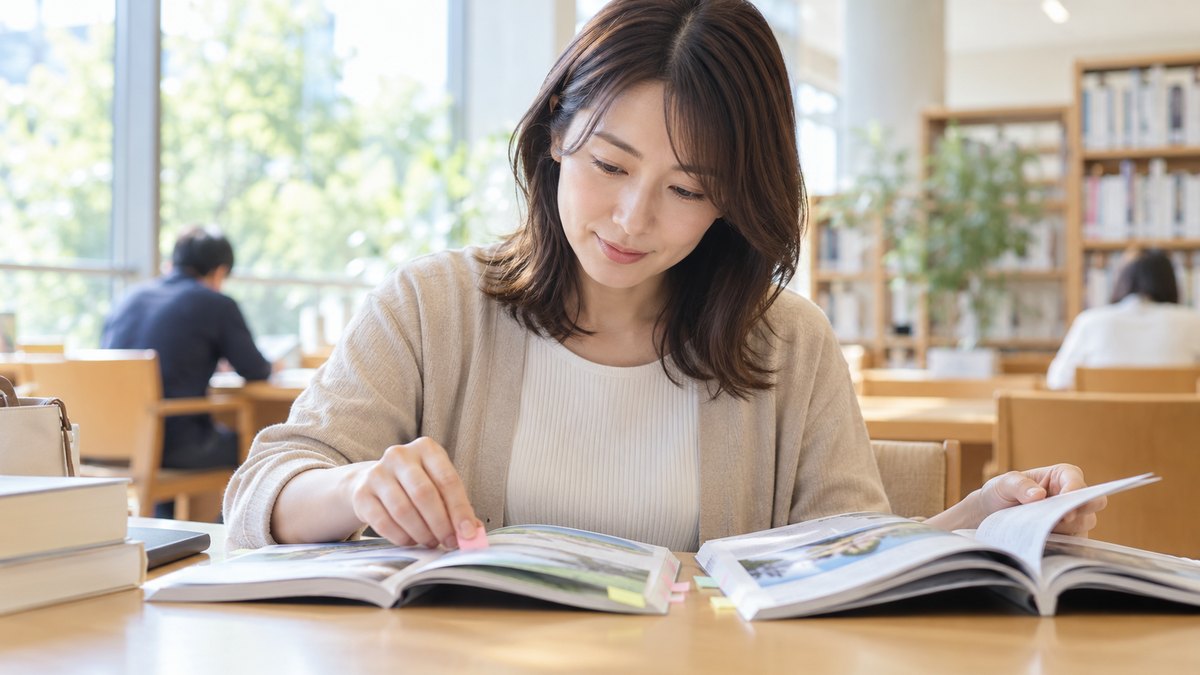 休日の朝、図書館の明るい閲覧席で、30代の女性が2冊の冊子を並べて見比べ、気になったページに付箋を貼っている近景。冊子の文字は読めない