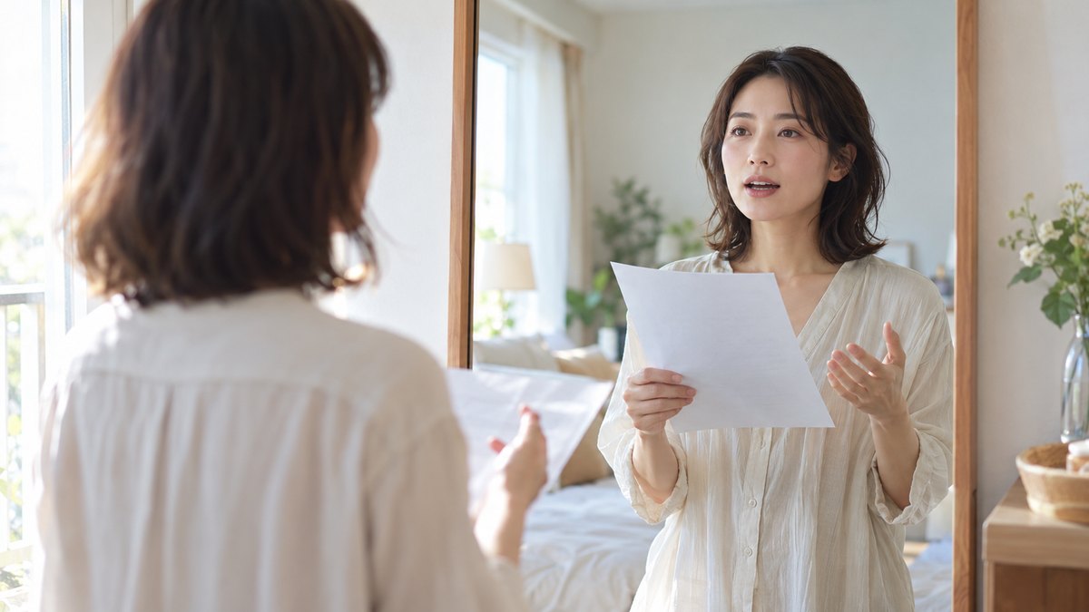 休日の朝、自宅の明るい寝室の姿見の前で、30代の女性が1枚の原稿を手に持ち、鏡の中の自分を見ながら声に出して読む練習をしている近景。原稿の文字は見えない