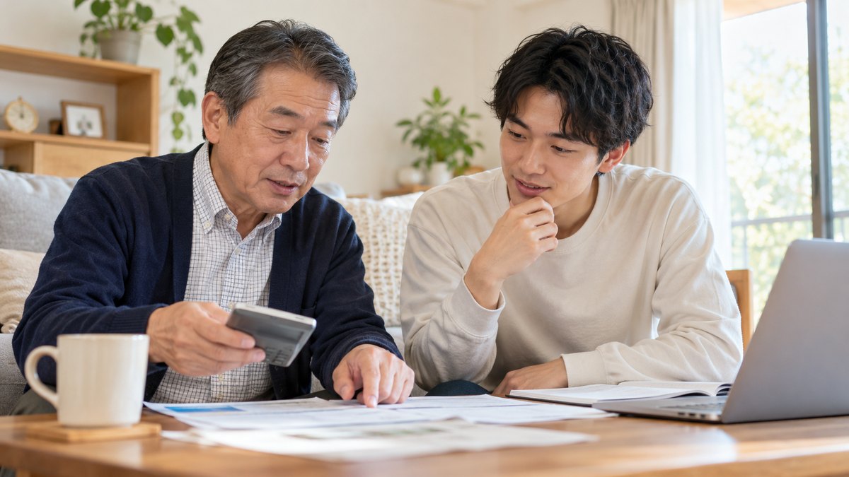 休日の昼、実家の明るいリビングのローテーブルで、60代の父親と20代前半の息子が並んで座り、父親が電卓を手に持ち、息子が隣でうなずきながら話を聞いている近景。電卓の数字や紙の文字は読めない