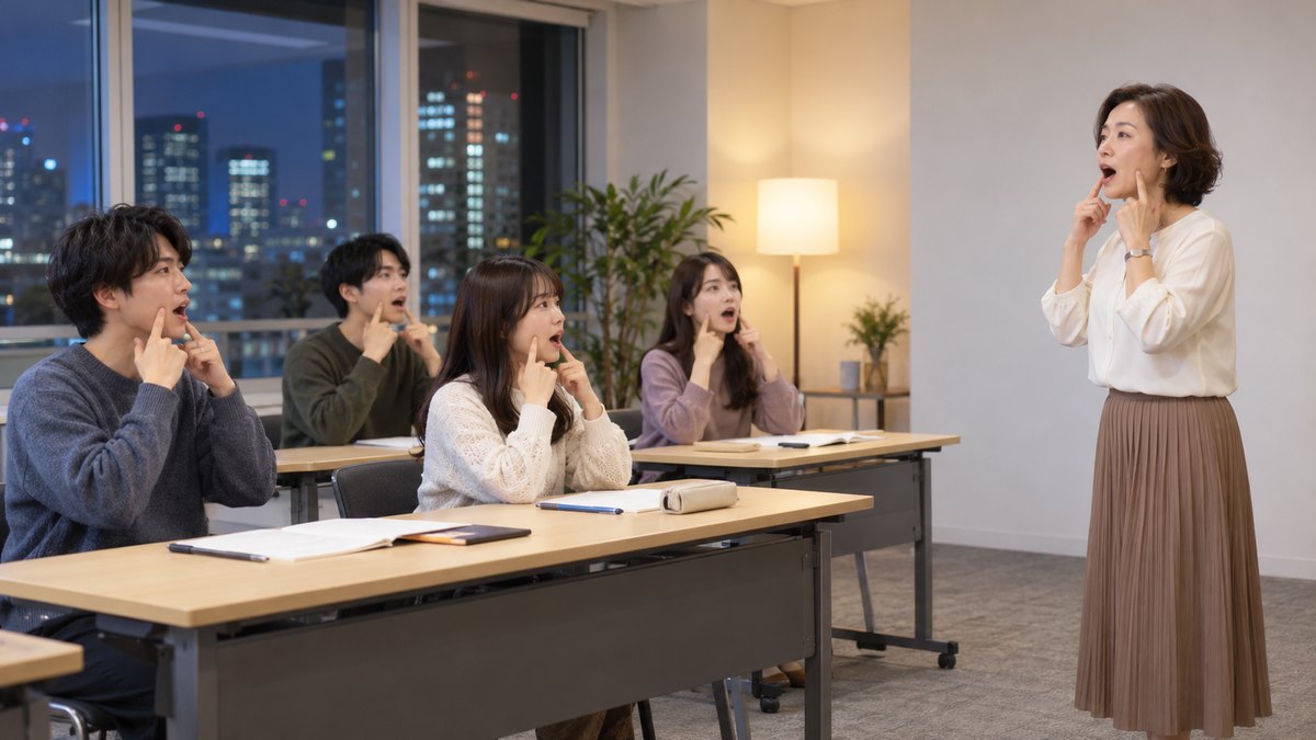 平日の夜、ビルの中の小さなレッスンルームで、50代の女性講師が前に立ち、20代の大学生4人が長机に座って口の形を確かめながら声を出している遠景。壁や机に文字は見えない