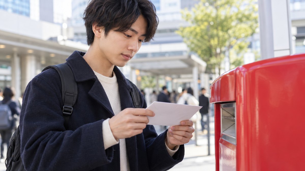平日の朝、駅前の郵便ポストの前で、20代前半の男子大学生が封筒を手に持ち、投函する前に宛名を確かめている近景。封筒やポストの文字は見えない