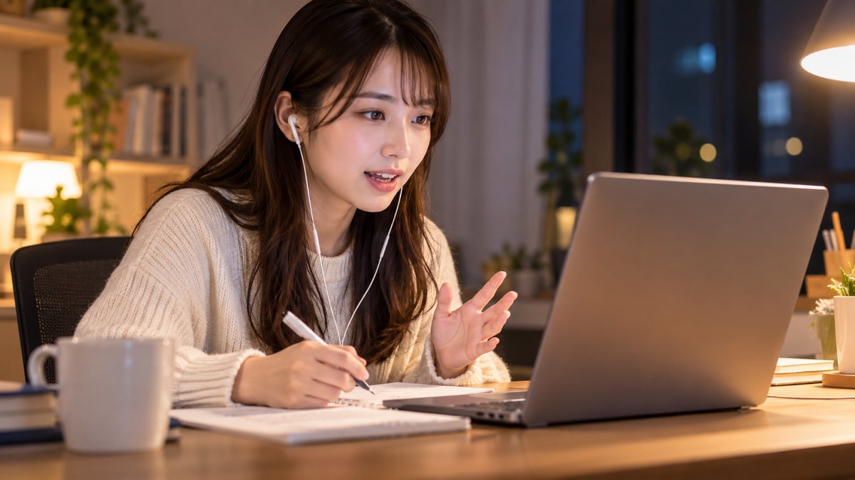 平日の夜、自宅の書斎の机で、20代前半の女性がイヤホンをつけてノートパソコンに向かい、画面の向こうのオンラインの授業を受けながら声を出している近景。パソコンの画面の文字は見えない