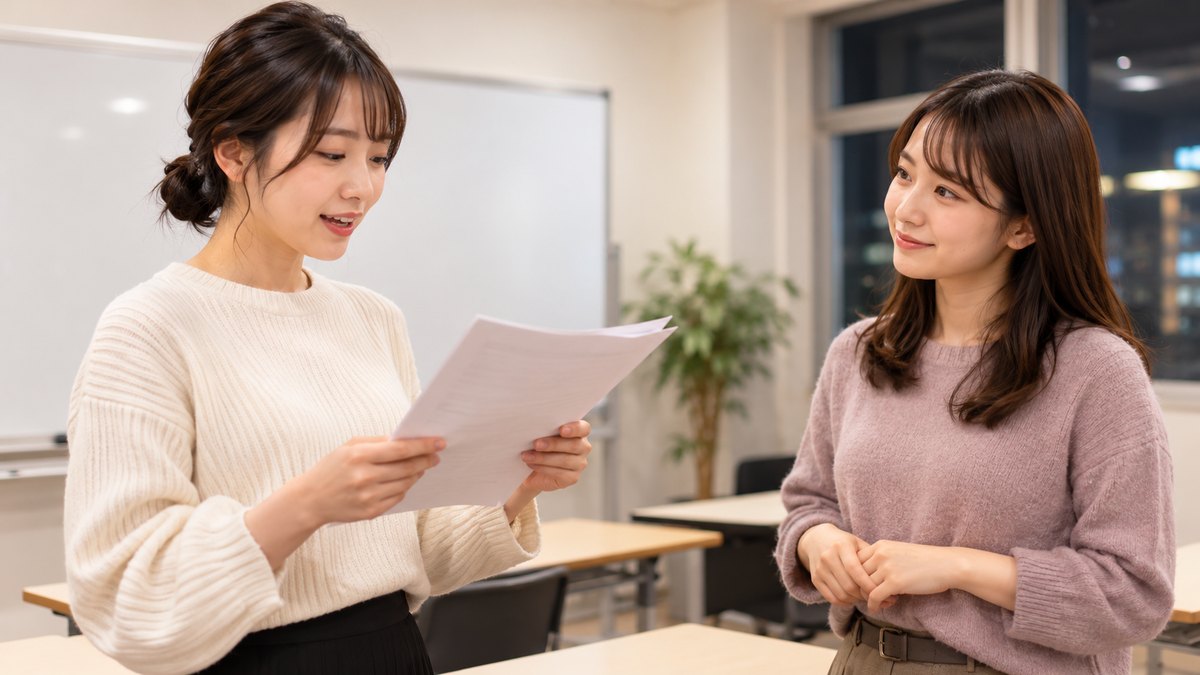 平日の夜、明るい小さな教室で、20代の女性2人が向かい合って立ち、1人が手に持った原稿を読み上げ、もう1人がうなずきながら聞いている近景。原稿や壁の文字は見えない