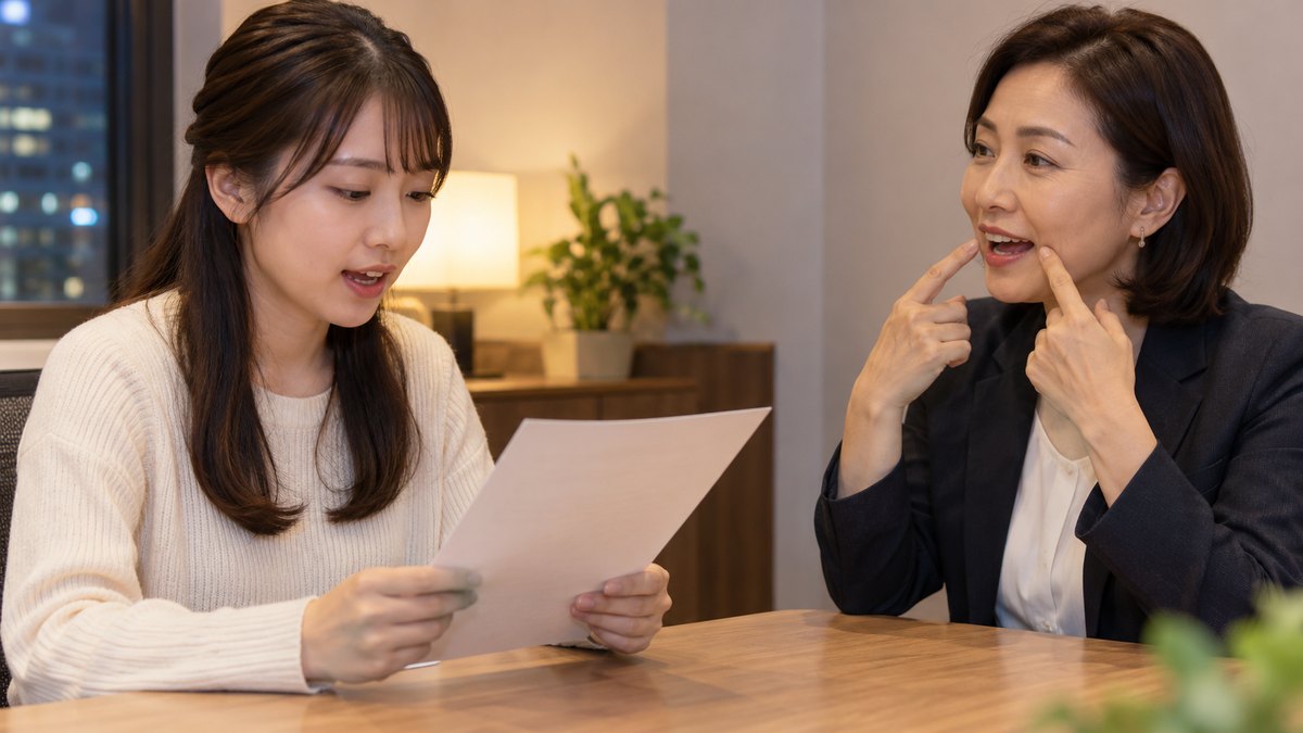 平日の夜、ビルの中の小さな個人レッスン用の部屋で、40代の女性講師と20代前半の女性が机をはさんで向かい合い、女性が原稿を読み、講師が自分の口元を指して発音を伝えている近景。原稿や机に文字は見えない