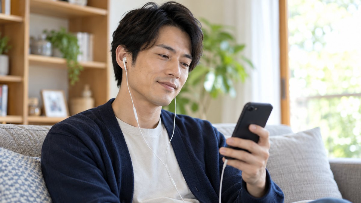 休日の午前、自宅の明るいリビングのソファで、30代の男性がイヤホンをつけ、手に持ったスマホで自分の話した声の録音を聞き返しながら小さくうなずいている近景。スマホの画面の文字は見えない
