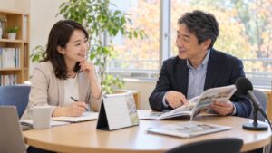 大学のキャリアセンターの相談室で、卓上カレンダーと案内の冊子を見ながら講座の日程を相談する女性職員と男性講師