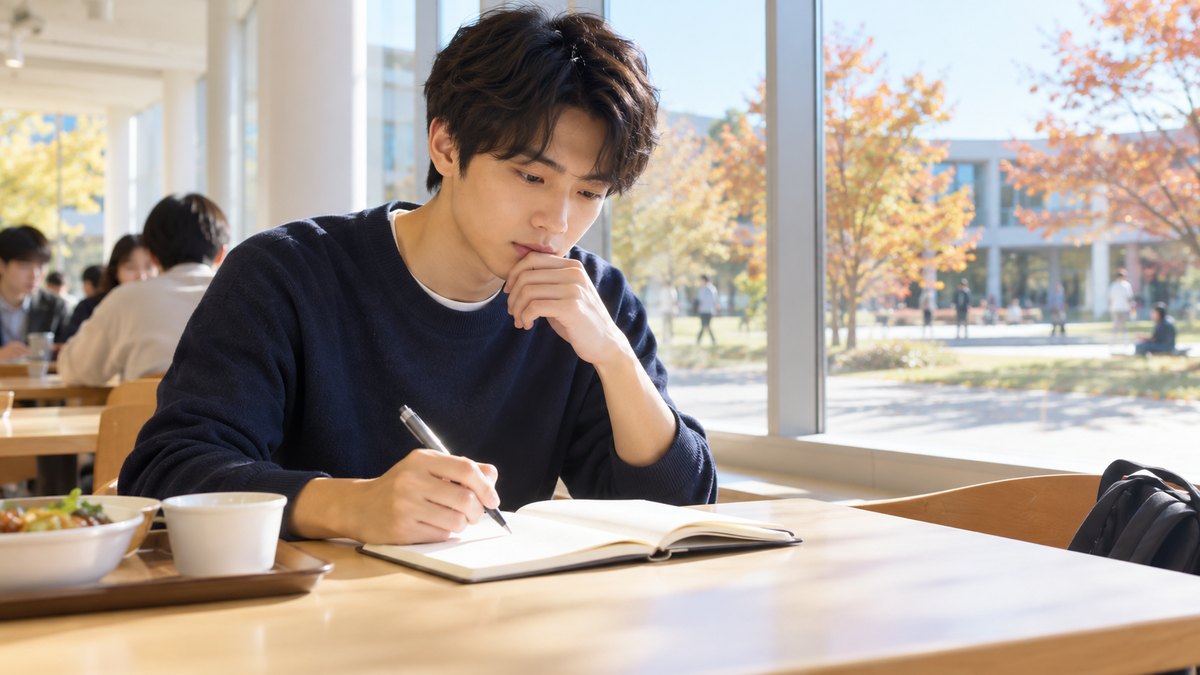 平日の昼、大学の明るい学生食堂の窓ぎわの席で、20代前半の男子大学生がトレーを横によけ、卓上に置いた紙の手帳を開いてペンで予定を書き込みながら考えている近景。窓の外は秋の晴れた中庭。手帳の文字や数字は見えない