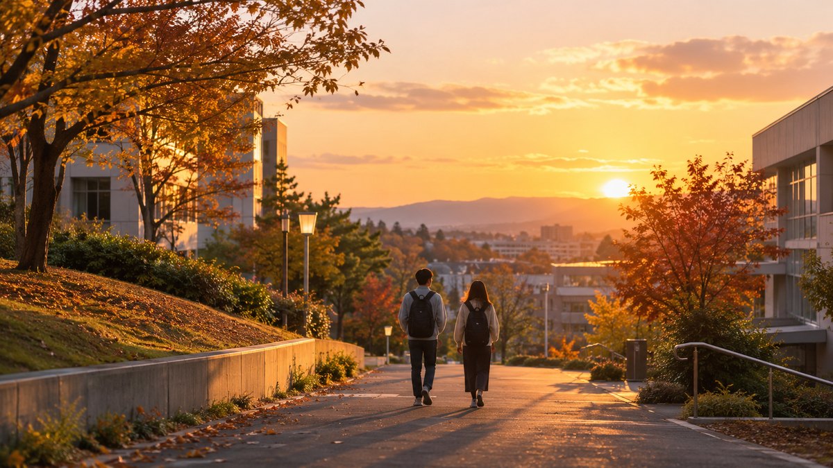 秋の夕方、大学のキャンパスのゆるやかな坂道を、20代前半の男女の大学生2人がリュックを背負い、夕日の方へ並んで歩いている後ろ姿の遠景。建物や看板の文字は見えない