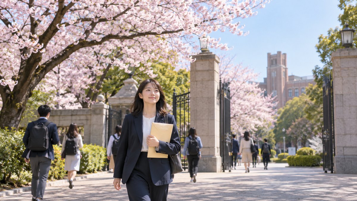 春の朝、桜が咲く大学の正門前の歩道を、20代前半の女子大学生が紺のジャケット姿で書類の入った封筒を手に持ち、前を向いて歩いている遠景。門や看板の文字は見えない
